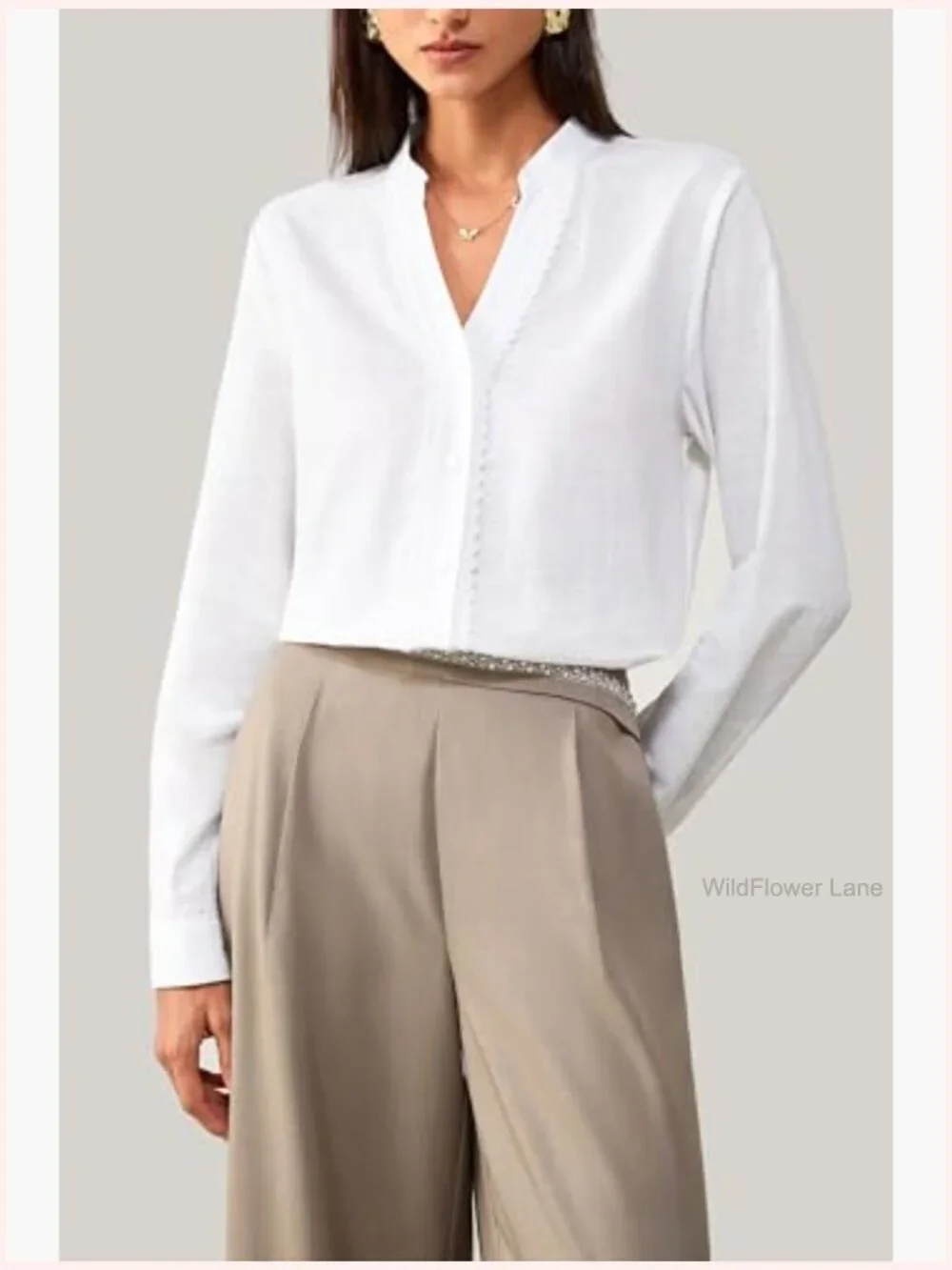 Long Sleeve Button Down Blouse with Lace Trim 100% Cotton Top